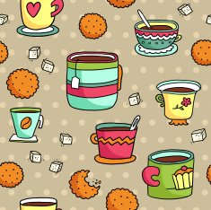 Hand-drawn seamless pattern with cups cookies and sugar