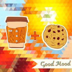 Cute coffee cup and cookie on the colorful background