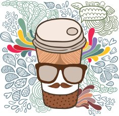 Cute cartoon doodle coffee cup Hipster glasses and mustache N2