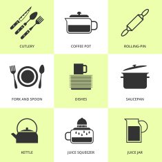 Set of black cutlery and dishes icons