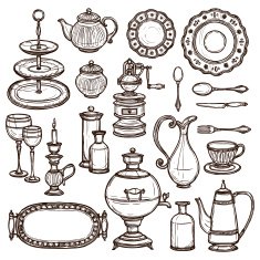 Dishes doodle sketch set print