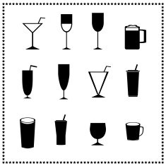 Glass icons drinks and beverages signs
