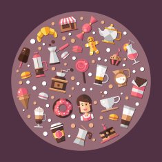 Circle composition of modern flat design coffee-shop cafe and