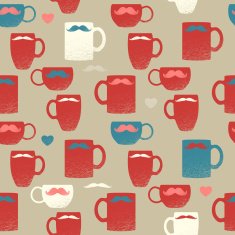 Seamless mustache & mugs pattern Colorful cups on brown back