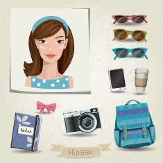 Icon set of hipster girl with her accessories N2