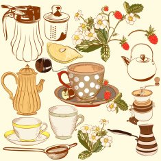 Collection of vector hand drawn tea and coffee accessories
