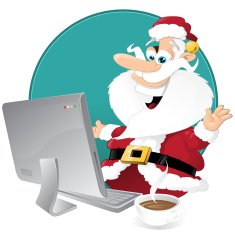 Cartoon Santa shopping for christmas on his computer