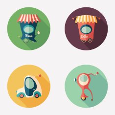 Pizza and coffee shops with retro transport flat round icons