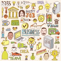 Business and banking hand drawn color doodle illustrations vector set