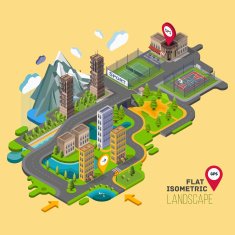 Flat vector landscape with a parks buildings seating area