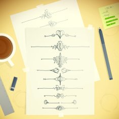 Designers Desktop Template Messy Table With Sketch Ornament Scrolls