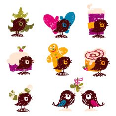 Set of Cute Winter Holiday Birds