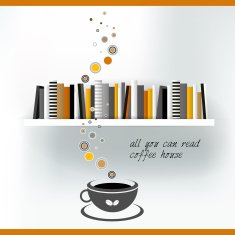 Web or print template of Coffee house with book shelf