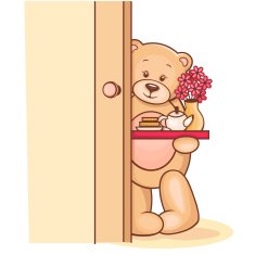 teddy holding a breakfast tray with flowers