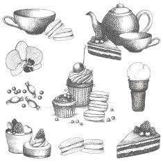Vector set of vintage sweet cake candies and teapot