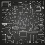 home kitchen tools and food outline icon on blackboard eps10