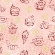 Funny seamless pattern with ice cream coffee cake croissant Vector