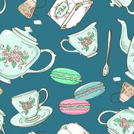 Seamless pattern of tea set and French macaroons