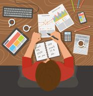 Workplace office desk Business woman working with documents top view