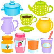 Cute vector cartoon Pastel containers eating utensils Tea time