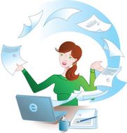 Office lady with a computer and flying documents