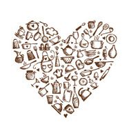 I love cooking! Kitchen utensils sketch heart shape