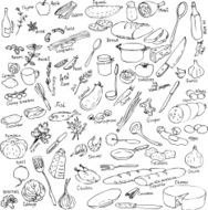 sketch of foods utensils and kitchen equipment