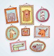 Set picture frames with animals portrait hand drawn vector illustration