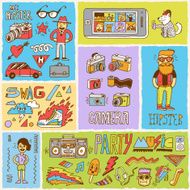 Hipster swag vector doodle hand drawn colorful illustrations set 2