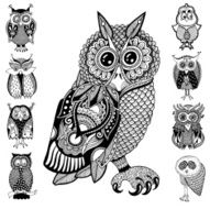 original artwork of owl ink hand drawing in ethnic style
