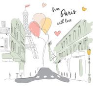 Postcard from Paris street Eiffel tower and balloons hand drawn