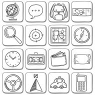 Doodle travel icon set in black and white