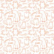 Funny cartoon sketch cats with fish skeletons seamless pattern background