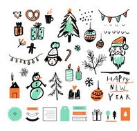 Hand drawn sketch Merry Christmas and Happy New Year set