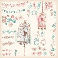 Doodle set of decoration a bird in cage flowers