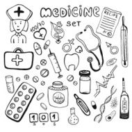 Hand drawn healthcare and medicine doodle icon set