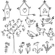 set of cute birds tree and bird&#039;s nesting boxes