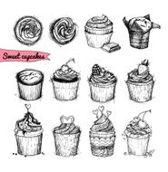 Hand-drawn vector illustration - Sweet cupcakes Line art