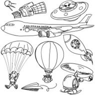 Flying objects collection in black and white