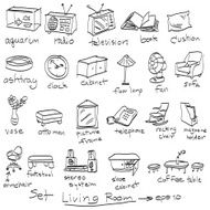 hand drawn set objects in living room doodles