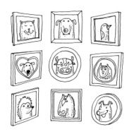 Set picture frames with animals portrait hand drawn vector illustration N2