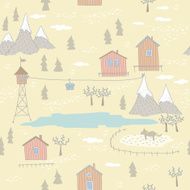 Seamless pattern with houses mountains and lake