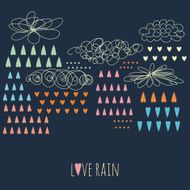 Doodle rain background with colorful heart-shaped drops