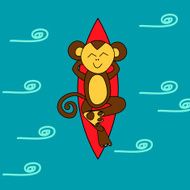 Funny brown monkey is surfing in the ocean