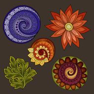 Vector Set of Colored Contour Floral Doodles