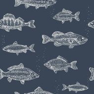 Hand drawn sketch vector seamless pattern of different fish
