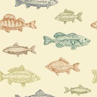Hand drawn sketch vector seamless pattern of different fish N2