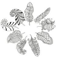 Zentangle stylized various feathers for coloring page