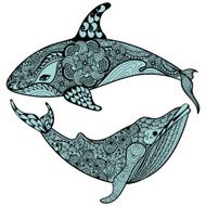 Zentangle stylized Blue Sea Shark and Whale Hand Drawn