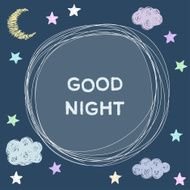 Doodle good night card background template with stars moon clouds
